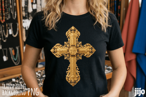 Christian Cross Ornate Gold PNG for T-Shirt Designs